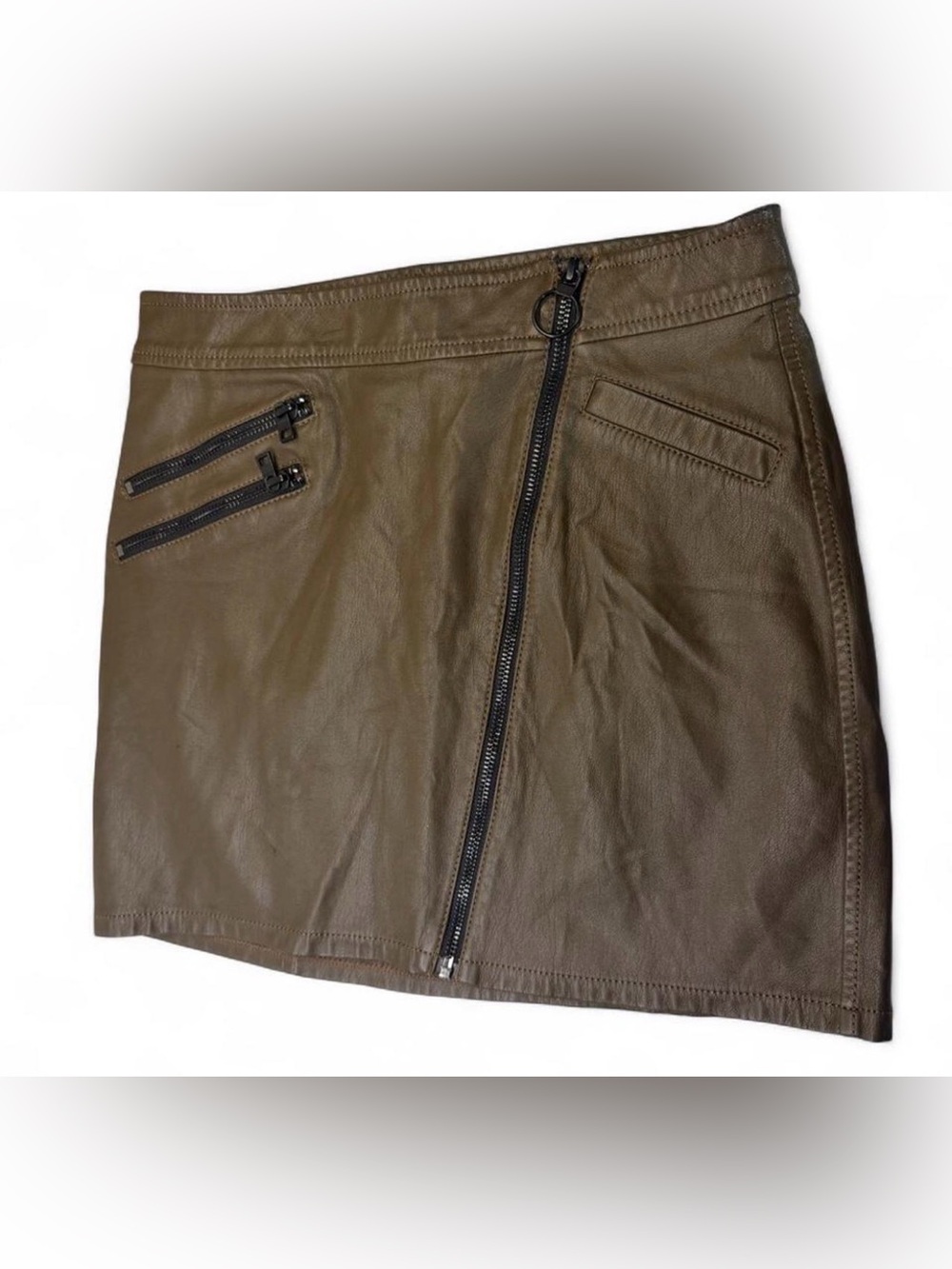 Brown Leather Zip-Front Mini Skirt